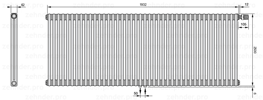Схема (чертеж) Радиатор Zehnder Charleston 2250/42 №V008 Белый глянцевый RAL 9016